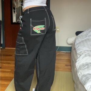 Evisu Black Cargo Pants with Graphic Logo